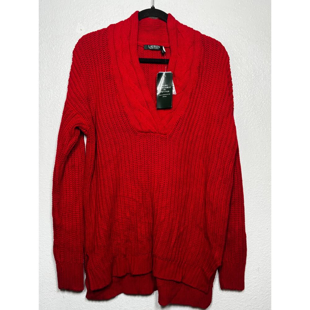 NWT New Lauren Ralph Lauren Chunky Knit Sweater Red V-Neck Women Sz L
